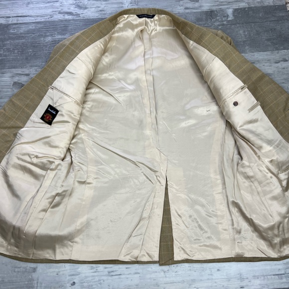 Samuelsohn Tan w/ Blue & Gold Windowpane Plaid Sport Coat 46R - Picture 4 of 6